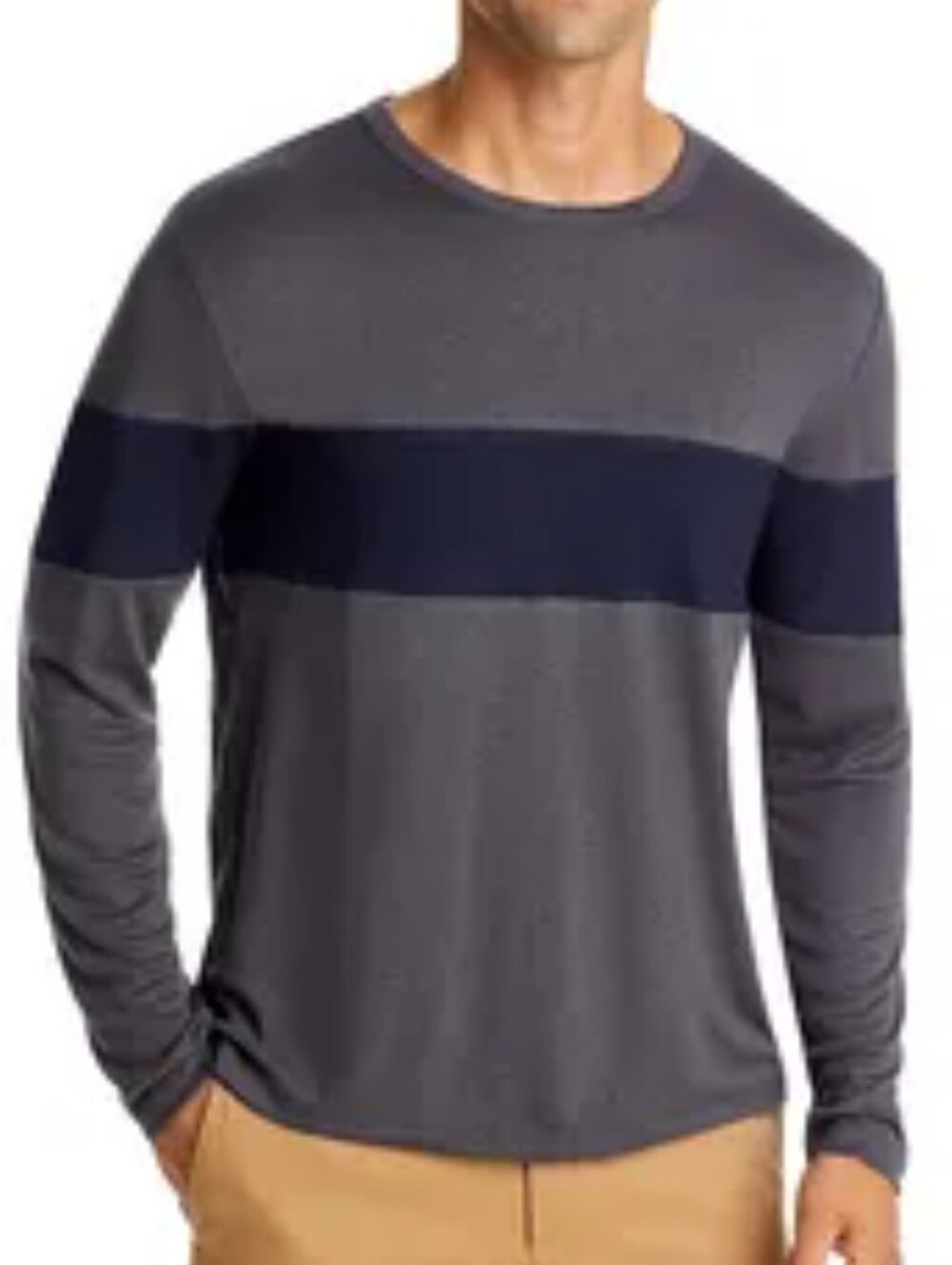 Theory Men's Long Sleeve Gray Crewneck Tee with Navy Stripe